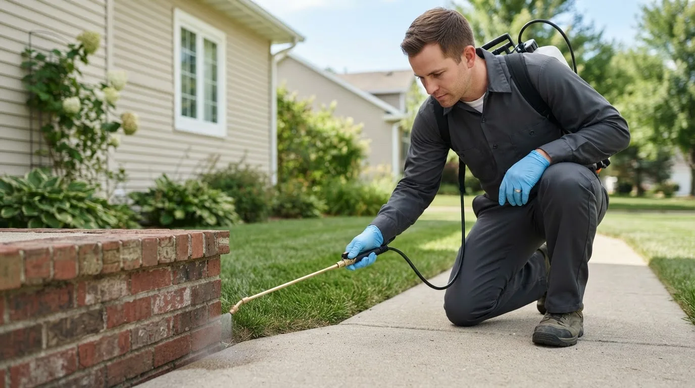Pest control technician treating a home near Booker, TX