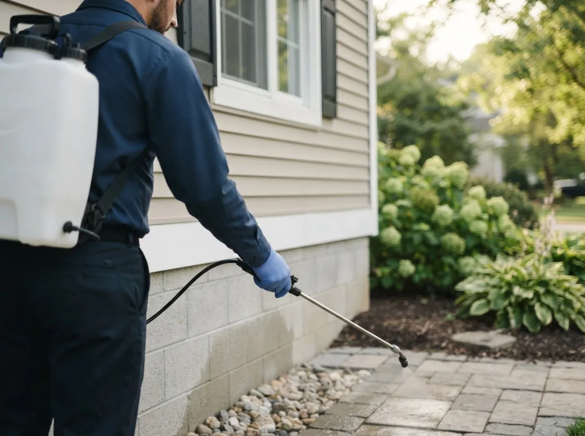 Pest control technician inspecting a home in Booker, TX